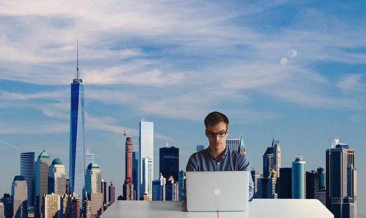 Man Working Laptop Big City