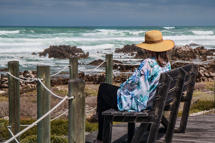 Woman Sitting Bench Ocean